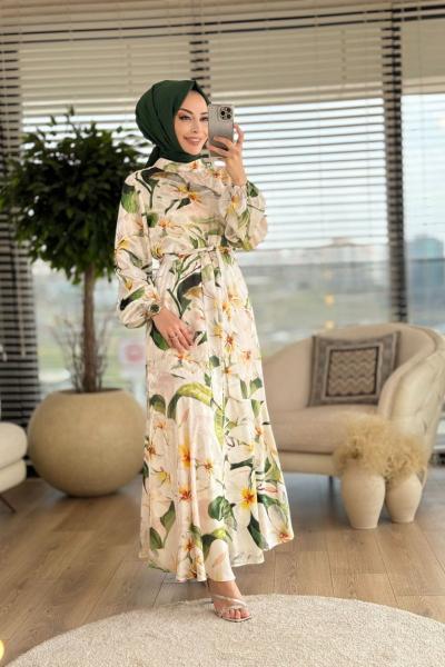 08-1534 Çiçek Desenli Elbise Ekru Yeşil