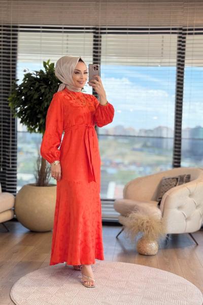 08-1539 Kendinden Desenli Elbise Oranj