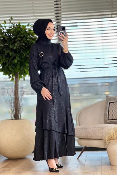 08-1544 Kendinden Geometrik Desen Elbise Siyah