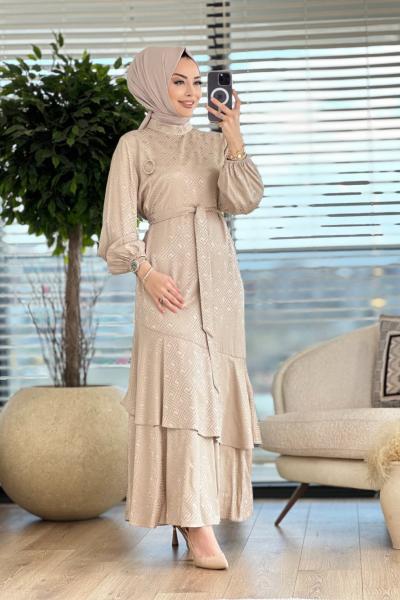 08-1544 Kendinden Geometrik Desen Elbise Bej
