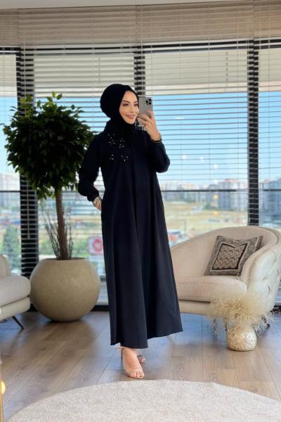 08-1556 Göğsü Boncuk Dantel Detay Elbise Siyah