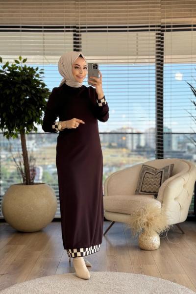 08-1611 Etek Ve Kol Ucu Kare Desen Elbise Kahve