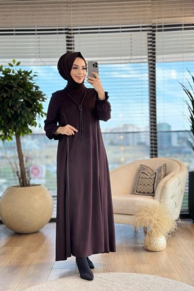 08-1625 Ön Deri Biyeli Elbise Kahve