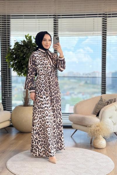 08-1655 Leopar Desen Yaka Bağlamalı Elbise Leopar