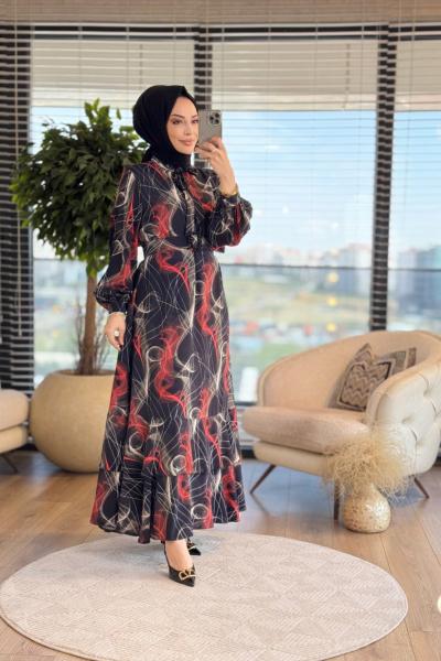 08-1662 Karışık Çizgi Desenli Elbise Karışık