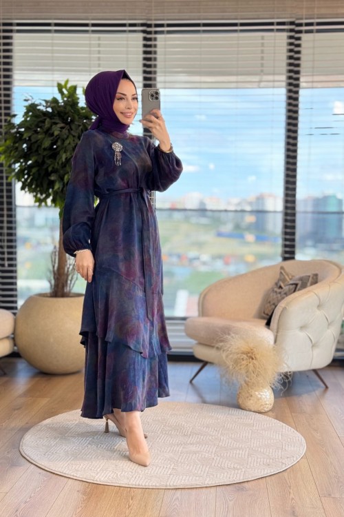 08-1697 Batik Desen Eteği Fırfırlı Elbise Lacivert