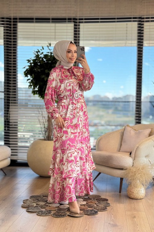 08-1705 Karışık Harf Desenli Elbise Pembe