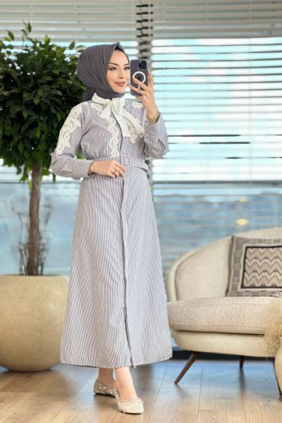 1001 Çizgili Dantel İşlemeli Elbise Siyah