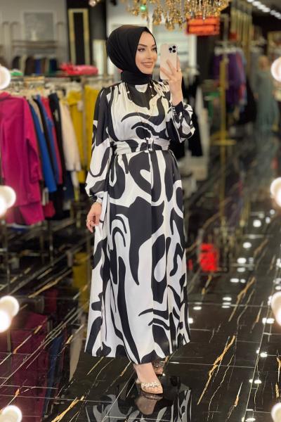 1001 Saten Manşeti Üç Düğme Desenli Elbise Siyah