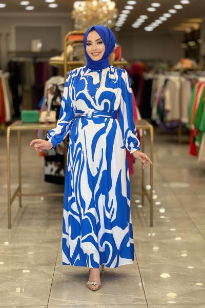 1001 Saten Manşeti Üç Düğme Desenli Elbise Saks