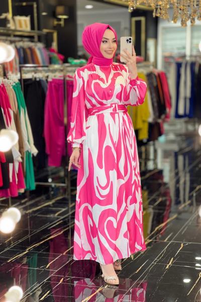 1001 Saten Manşeti Üç Düğme Desenli Elbise Fuşya