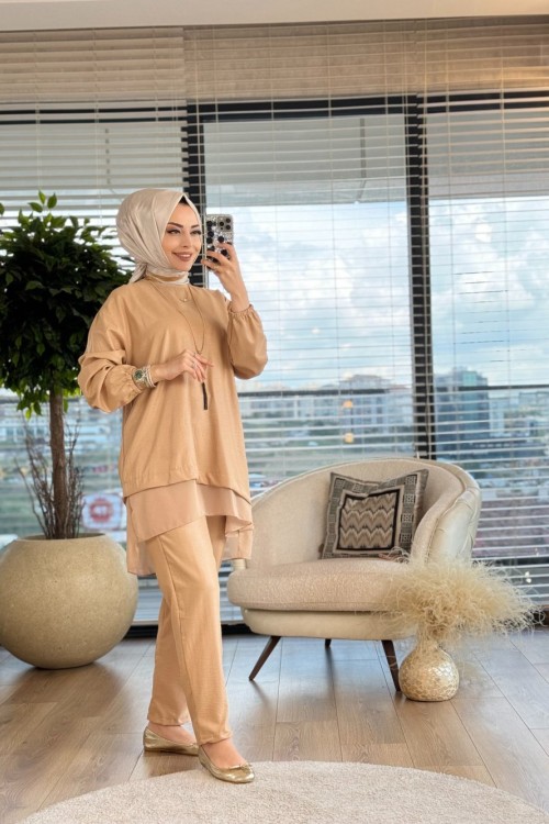 100206 Şifon Detaylı Takım Latte