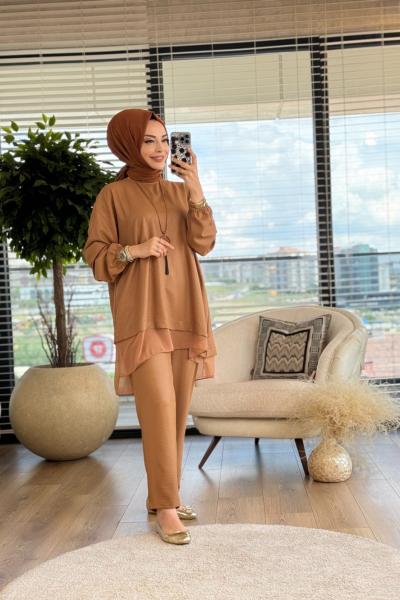 100206 Şifon Detaylı Takım Kahve
