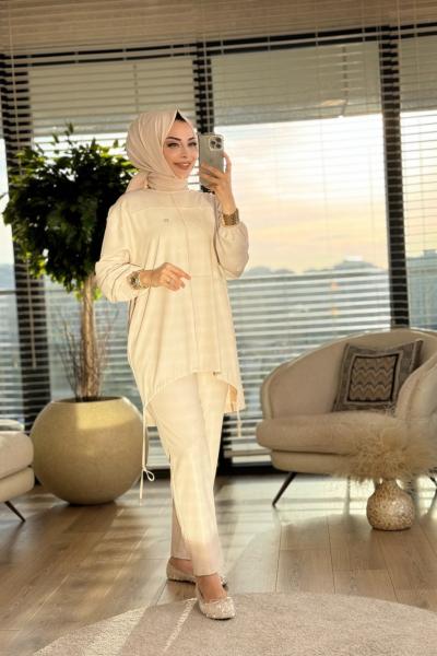 100249 Nervür Detaylı İkili Takım Açık Bej