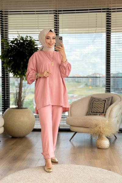 100251 Yandan Düğme Detaylı Takım Pudra