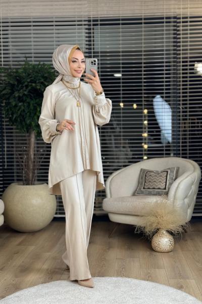 100252 Balon Kollu Laklı İkili Takım Bej