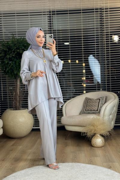 100252 Balon Kollu Laklı İkili Takım Gri