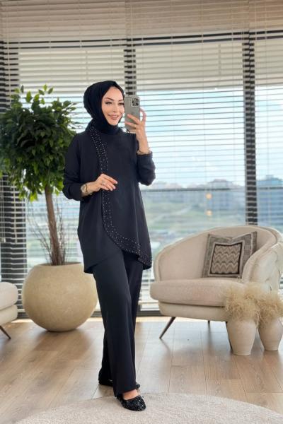 100289 Boncuk İşlemeli İkili Takım Siyah