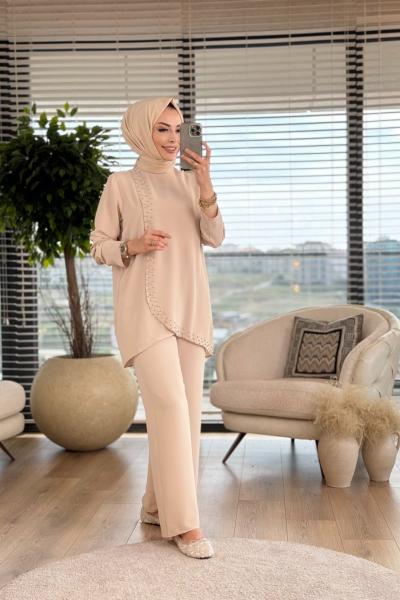 100289 Boncuk İşlemeli İkili Takım Bej