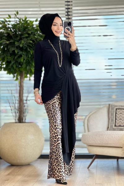 1003 Asimetrik Pantolon Pullu Takım Leopar