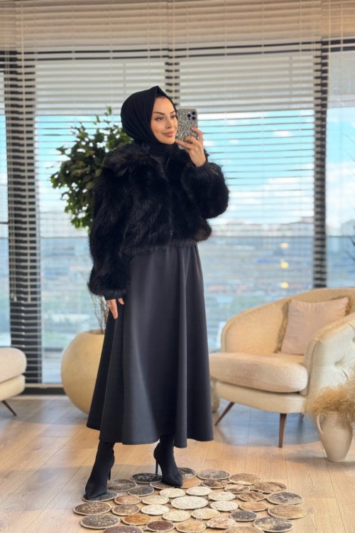 1005352 Fermuarlı Kürklü Ceket Siyah