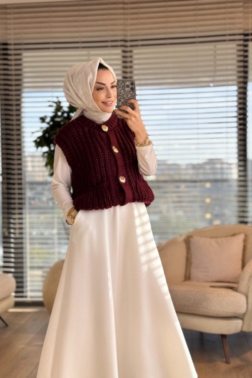 1005391 Metal Düğmeli Triko Yelek Bordo