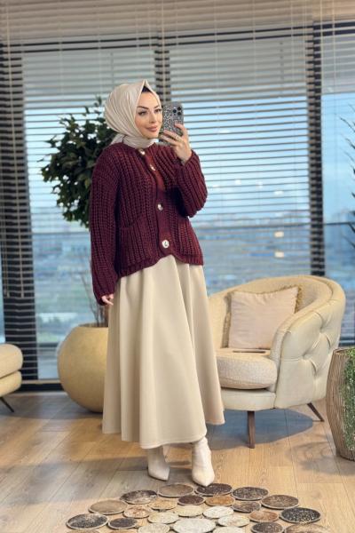 1005392 Metal Düğmeli Triko Hırka Bordo