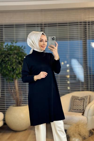 1007 Omuzları Metal Düğmeli Triko Tunik Siyah