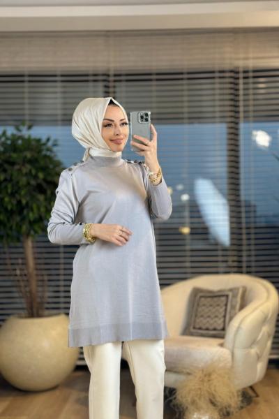 1007 Omuzları Metal Düğmeli Triko Tunik Gri
