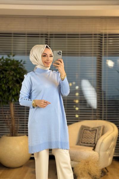 1007 Omuzları Metal Düğmeli Triko Tunik Bebe Mavi