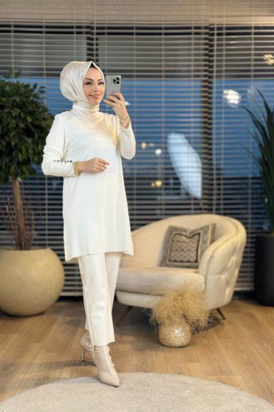 1007 Omuzları Metal Düğmeli Triko Tunik Ekru