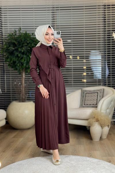 1007 Sol Taraf Piliseli Elbise Kahve