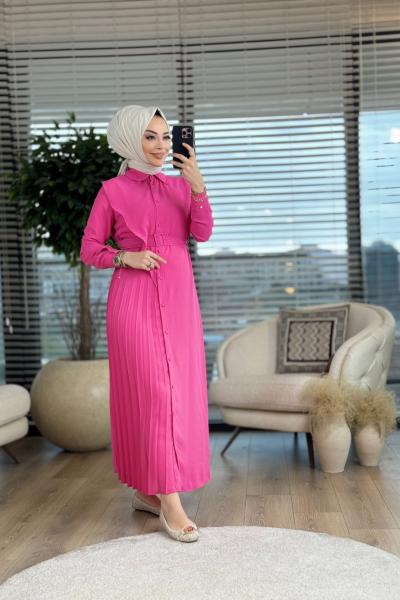 1007 Sol Taraf Piliseli Elbise Fuşya