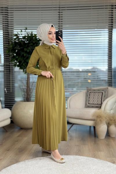 1007 Sol Taraf Piliseli Elbise Yağ Yeşili