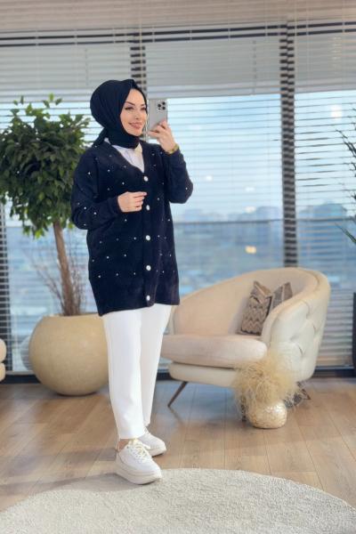 101004 Önü Taş Baklavalı Hırka Siyah