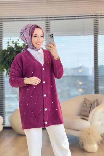 101004 Önü Taş Baklavalı Hırka Vişne