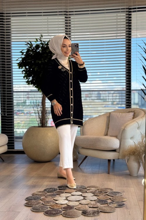 101005 Baklava Desenli Merserize Hırka Siyah