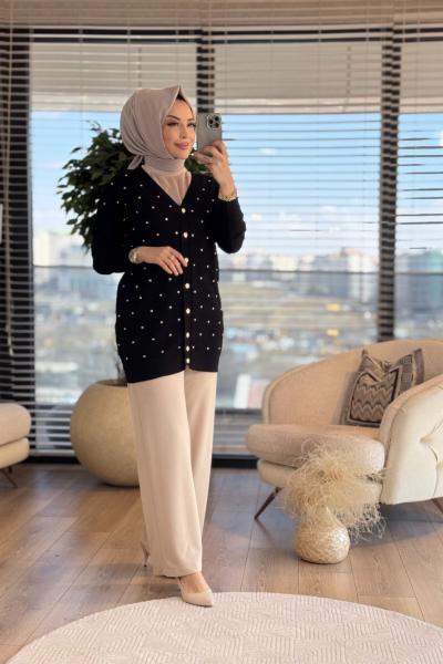 101006 Baklava Desenli Droplu Hırka Siyah