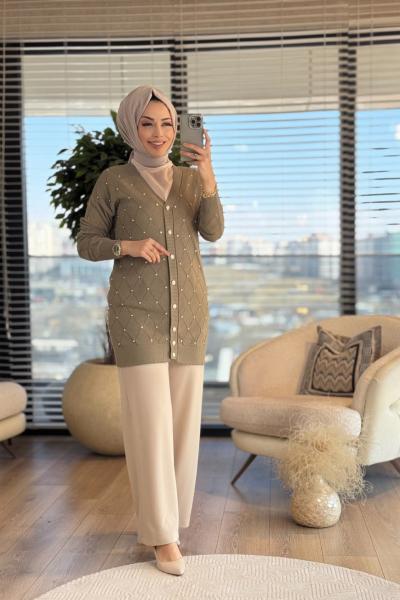 101006 Baklava Desenli Droplu Hırka Haki