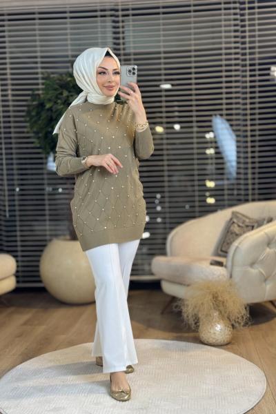 101007 Baklava Desenli Droplu Triko Tunik Haki