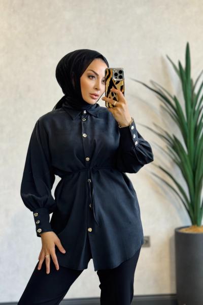 1012-4 Lyocel Metal Düğmeli Tunik Siyah