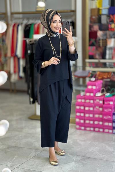 1013 Yanlar Parçalı Yaka Kenarı Fermuarlı Takım Siyah