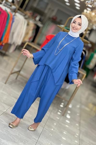 1013 Yanlar Parçalı Yaka Kenarı Fermuarlı Takım İndigo