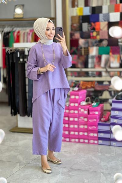 1013 Yanlar Parçalı Yaka Kenarı Fermuarlı Takım Lila