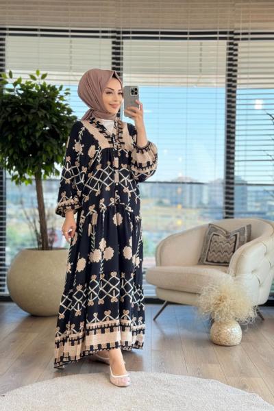 1014 Yay Desenli Elbise Siyah