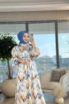 1015 Zikzak Desen Saten Elbise Ekru İndigo