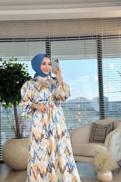 1015 Zikzak Desen Saten Elbise Ekru İndigo
