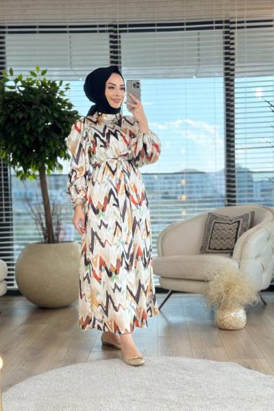 1015 Zikzak Desen Saten Elbise Ekru Siyah