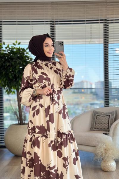 1016 Saten Desenli Elbise Bej Kahve