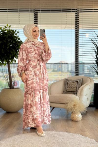 1019 Üstü Kabartma Desenli Elbise Gül